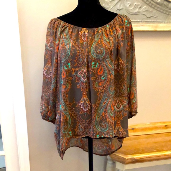 Tops - Boutique blouse, sheer brown print, size M/L.